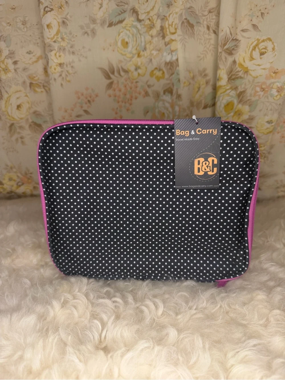 Black Polka Dot Cosmetic Pouch with Pink Trim
